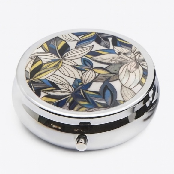 Floral Pattern Chrome Pill Box with Mirror and 3-Compartment Organizer - Picture 1 of 3